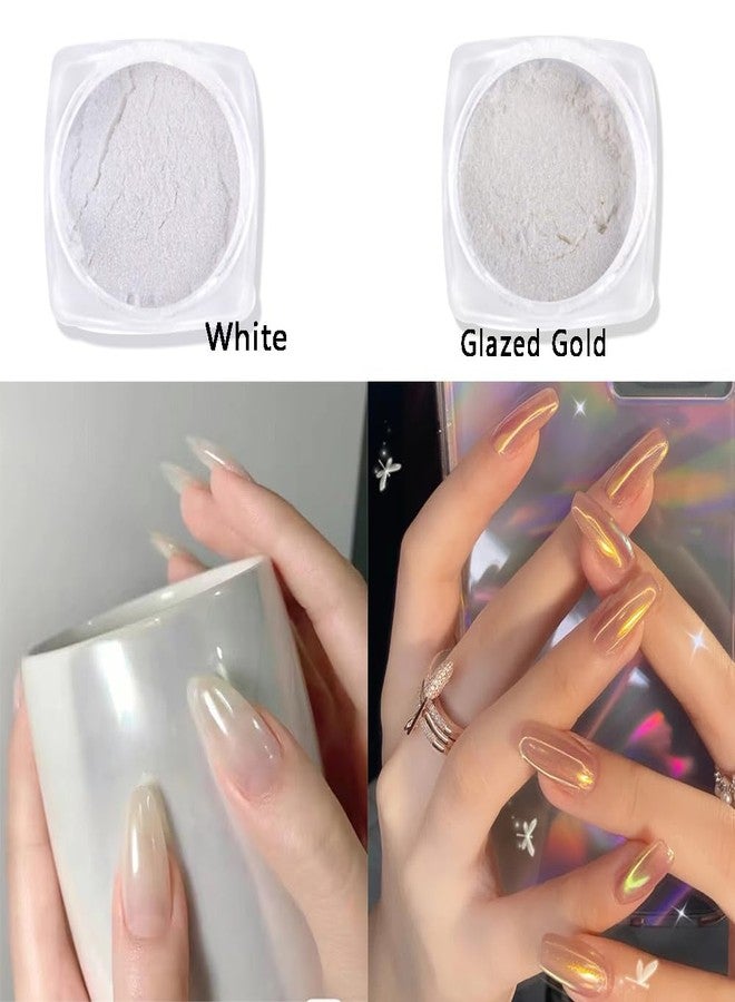Furimuk 2 Boxes of Pearl Chrome Nail Powder Glazed Gold White Pearl Chrome Nails Powder, High Gloss Glitter Nail Art Ice Aurora Dust Nail Powder for Manicure Decorations - Image 2